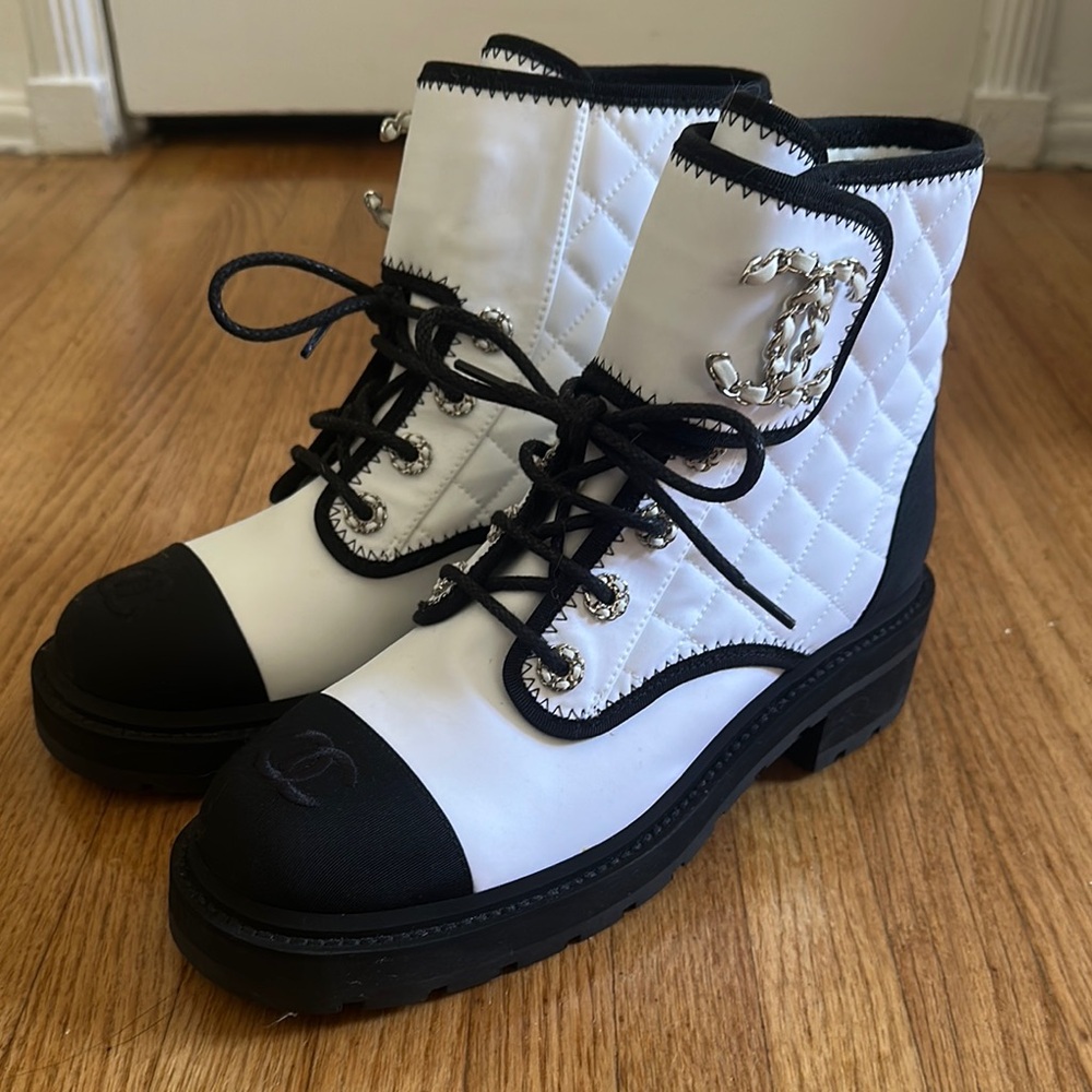CHANEL Black and White Combat Boots with Two-Tone Design